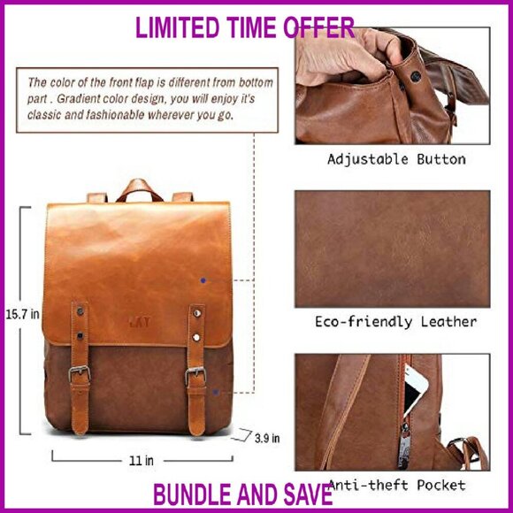 Vegan Leather Laptop Backpack Daypack Travel Bookbag Unisex